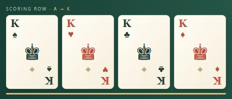 Four completed scoring piles, one for each suit, topped by kings.